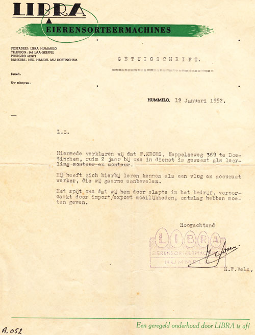 Getuigschrift Libra W. Kroes in 1952 (collectie Geert Kroes)