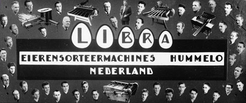 Logo met foto's personeel Libra Eierensorteermachines Hummelo (Foto: collectie Geert Kroes)