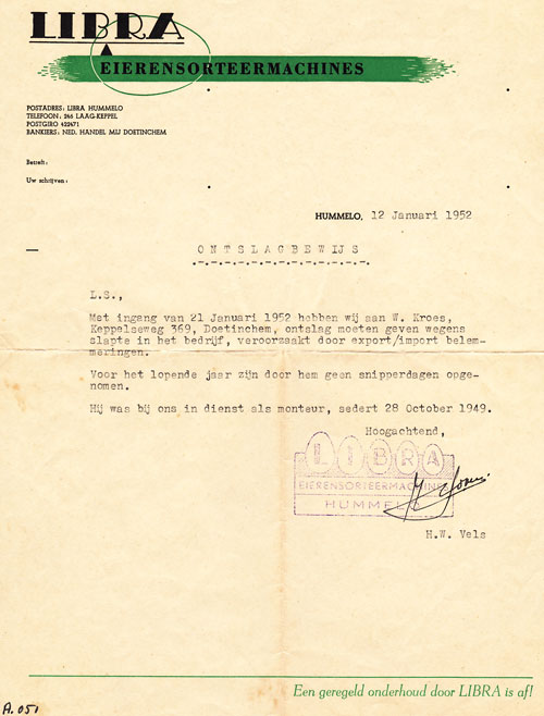 Ontslagbewijs W. Kroes in 1952 (collectie Geert Kroes)